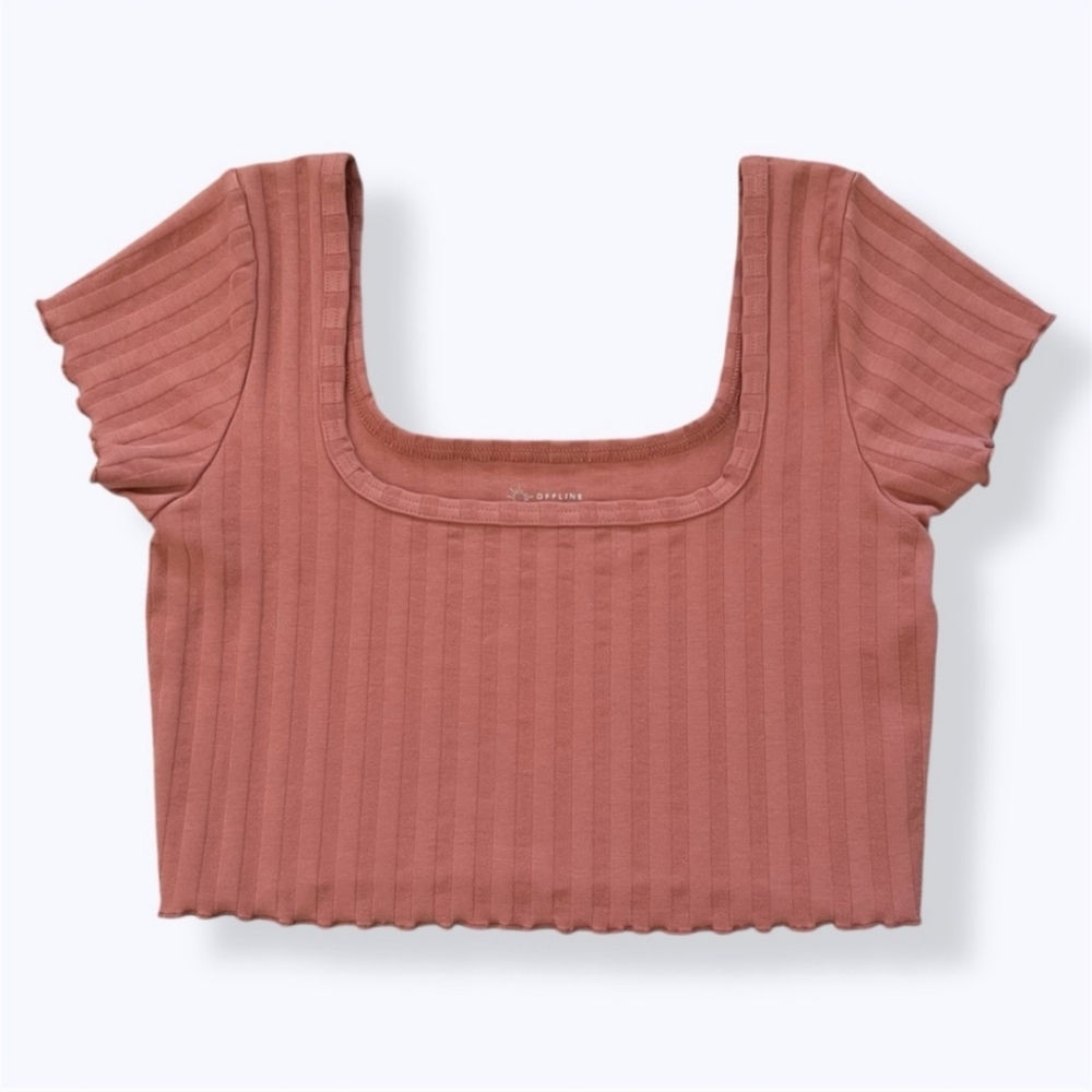 Aerie OG Groove Ribbed Lettuce Trimmed Cropped Tee - Like New